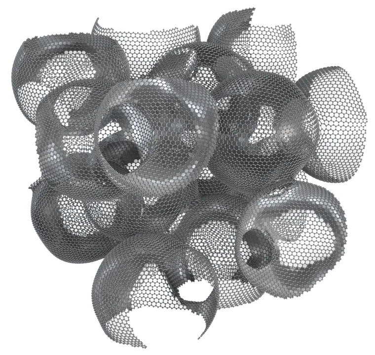 Graphene MesoSponge® の構造モデル。グラフェン一枚分の壁でできた中空の粒子が連なっている。